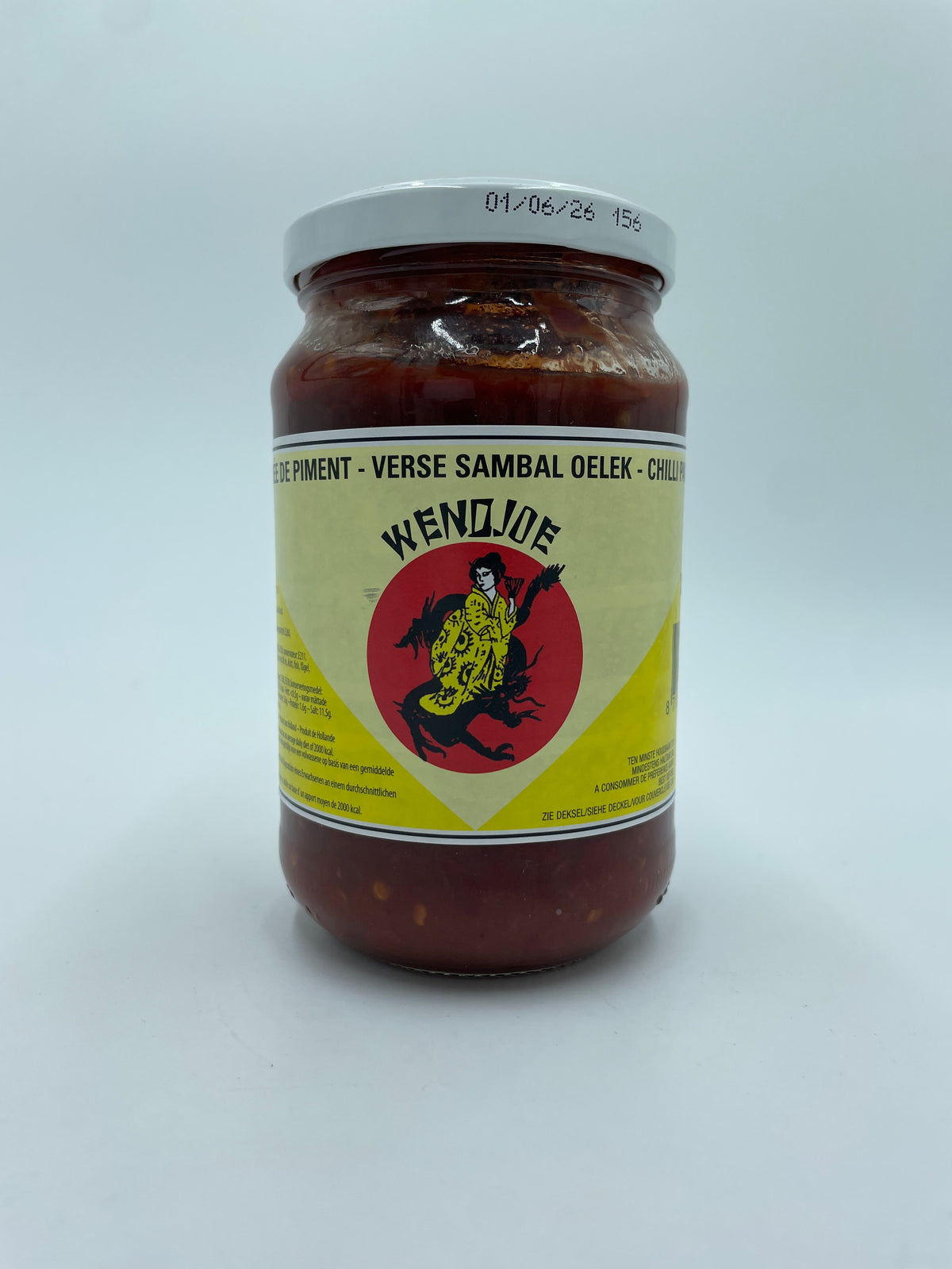 WENDJOE Verse Sambal Oelek chili pasta i glas, frisk chili og krydret smag, klar til madlavning og smagfulde retter.