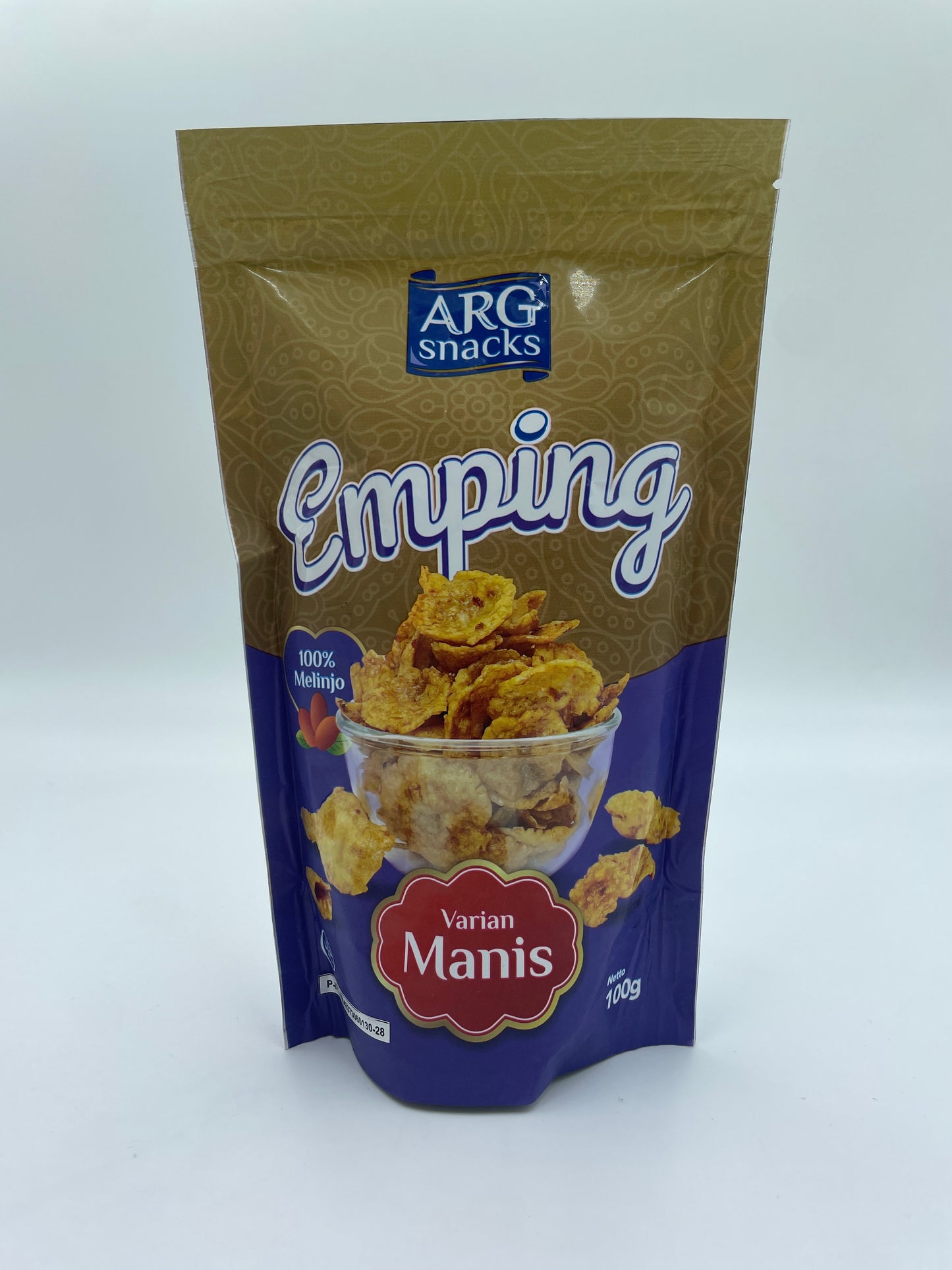 Melinjo-slik fra ARG SNACKS, sprød snacks med melinjo nødder, vist i en gennemsigtig pose.