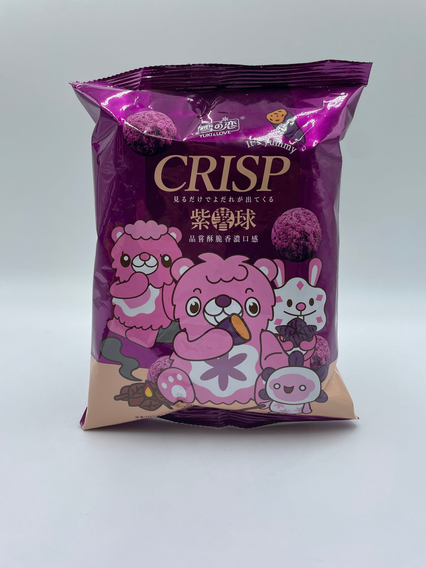 Korn- og purple yam-crackers fra YUKI & LOVE, sprøde snacks med søde og velsmagende ingredienser.
