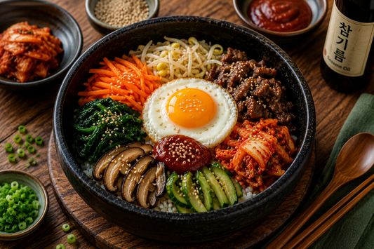 Autentisk Bibimbap opskrift med gochujang og sesamolie