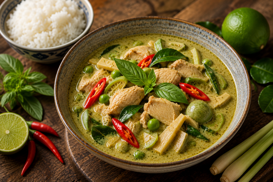 Autentisk Green Curry med kokosmælk og jasminris
