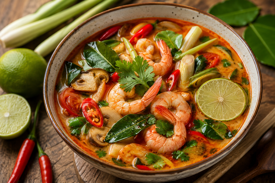 Autentisk Tom Yum suppe med citrongræs og limeblade