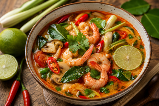 Autentisk Tom Yum suppe med citrongræs og limeblade