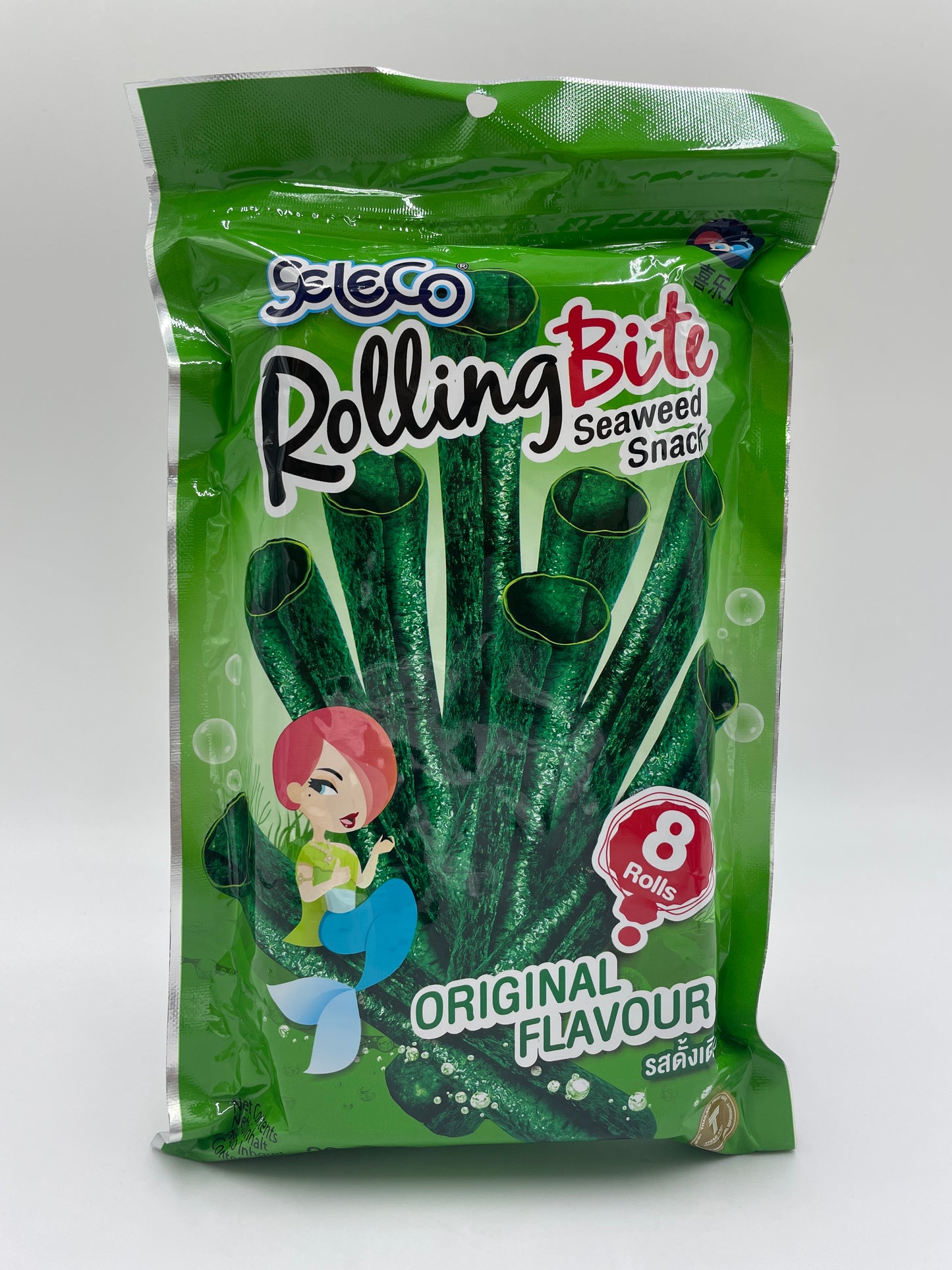 SELECO Rolling Bite ristede rulleede sprøde tang snacks med original smag, vises i billedet.