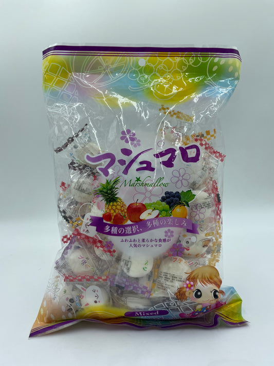 Farvet marshmallow-blanding fra SAN SHU GONG, assorteret snacks med bløde, luftige marshmallows i forskellige former og farver.