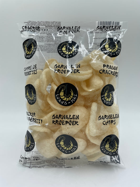 Sprødt UDANG MAS rejer- og prawn-kiks i en gennemsigtig skål, klar til servering som snacks.