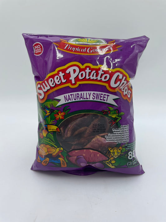 TROPICAL GOURMET søde søde kartoffelchips i snackpose, sprøde og naturligt søde, klar til nydelse.