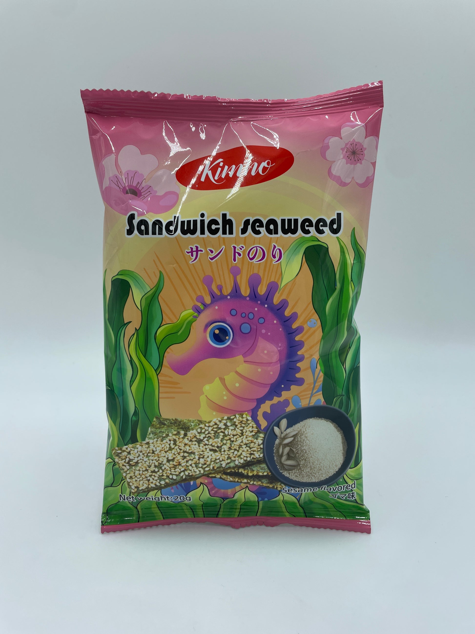 KIMHO snack med tang og sesam smag, tynde sandwich-lag af tang og sesamfrø, pakket i en transparent pose