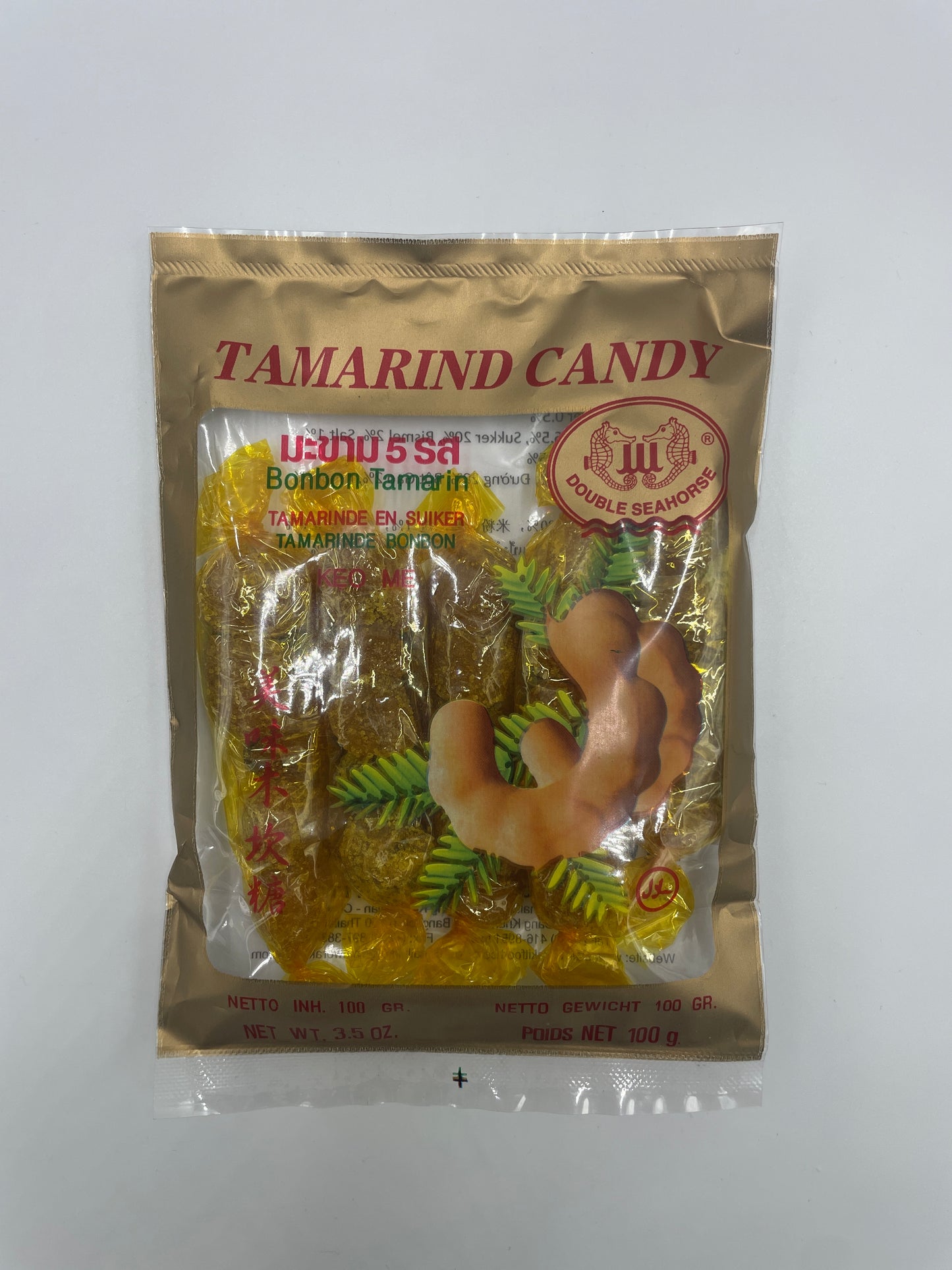 Sød tamarind slik fra DOUBLE SEAHORSE, populært snack med frugtig smag og mørk brunt udseende