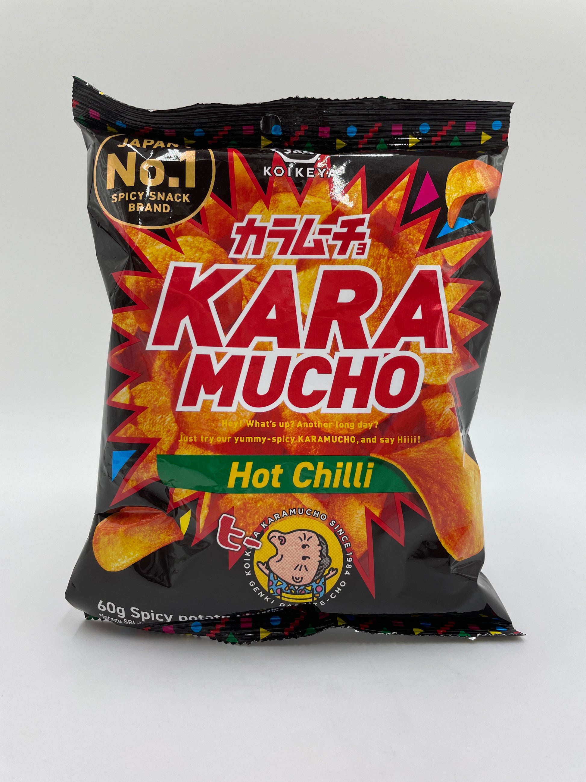 Kara Mucho Hot Chilli spicy kartoffelchips fra KOIKEYA i en skål med chips, krydret snacks i pose