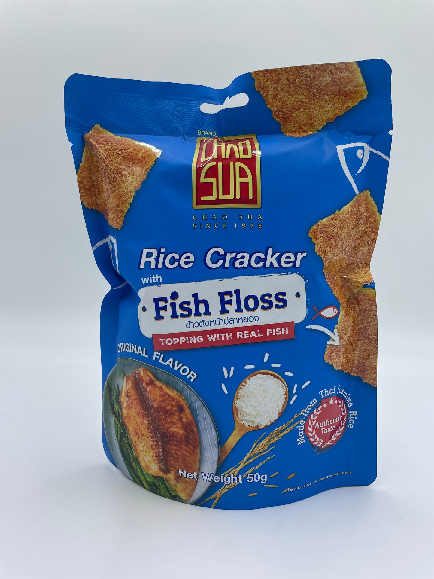 Risikon rice cracker med fiskeflødes topping og naturlig fiskesmag, fra CHAO SUA, lækker snack med autentisk smag.