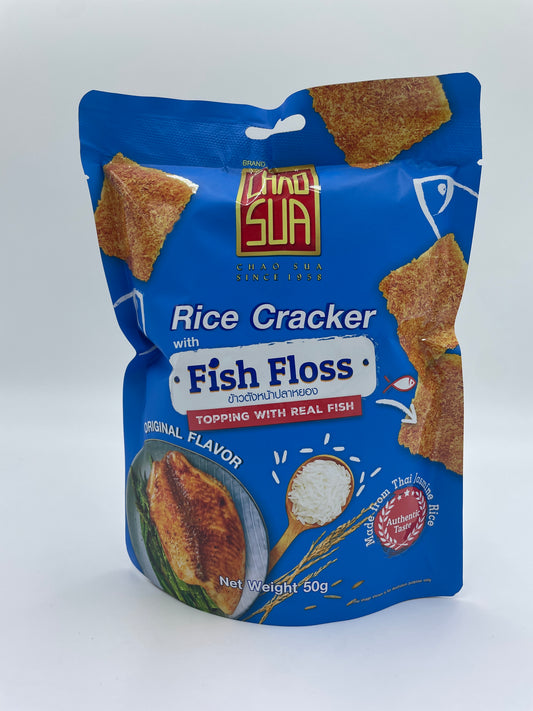 Risikon rice cracker med fiskeflødes topping og naturlig fiskesmag, fra CHAO SUA, lækker snack med autentisk smag.