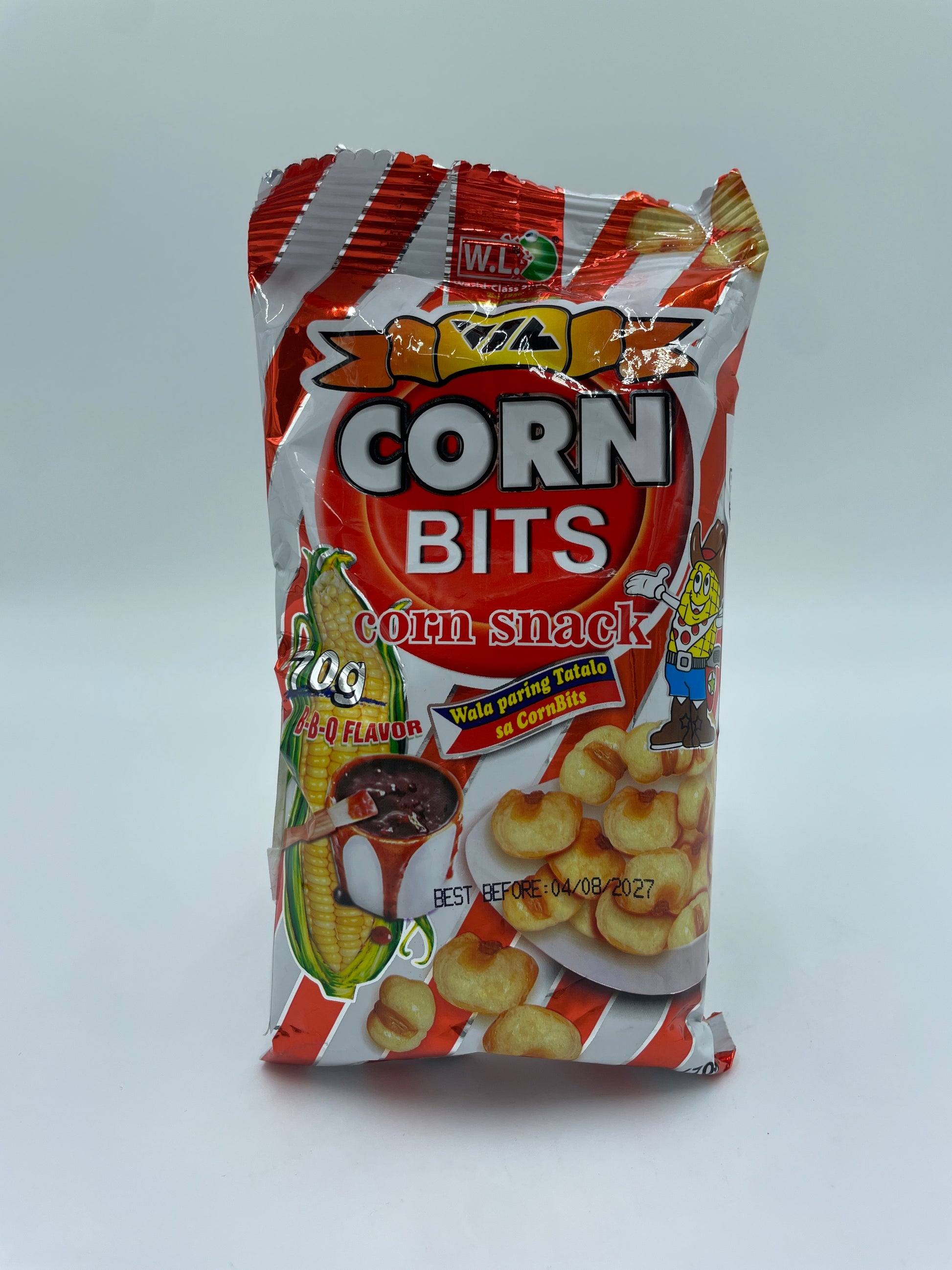 W.L. BBQ-smagede maissnacks i pose, sprøde og krydrede, klar til at nyde som snack eller tilbehør.