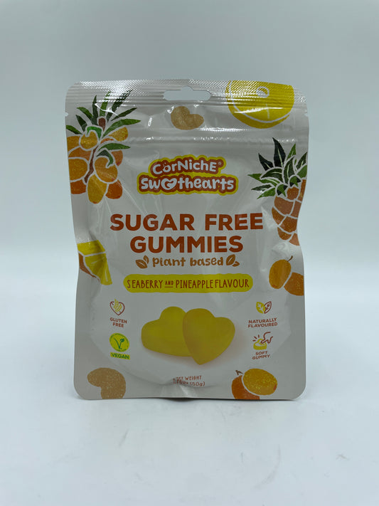 Sukkerfri gummibjørner med havtorn og ananas smag fra Corniche, frugtige snacks uden tilsat sukker.