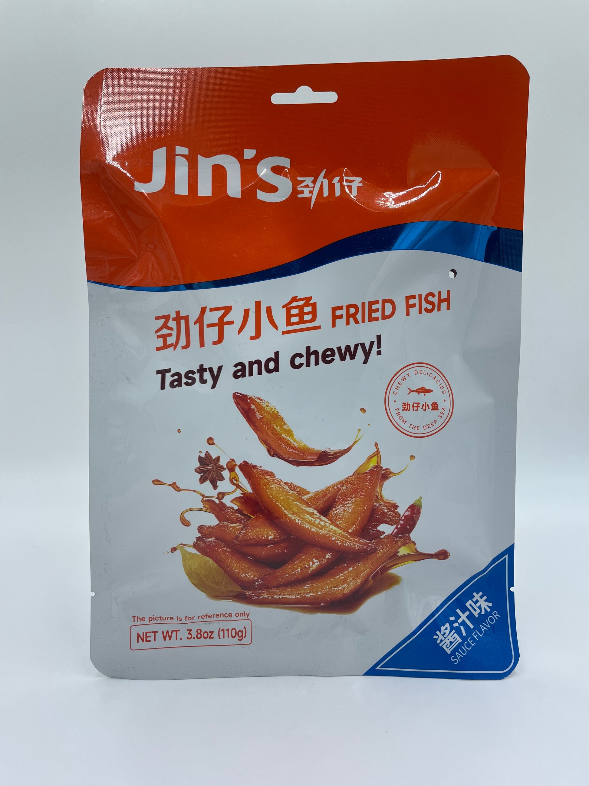 JIN’S snack med sprød, smagfuld fisk og chewy sauce, vises i billedet.