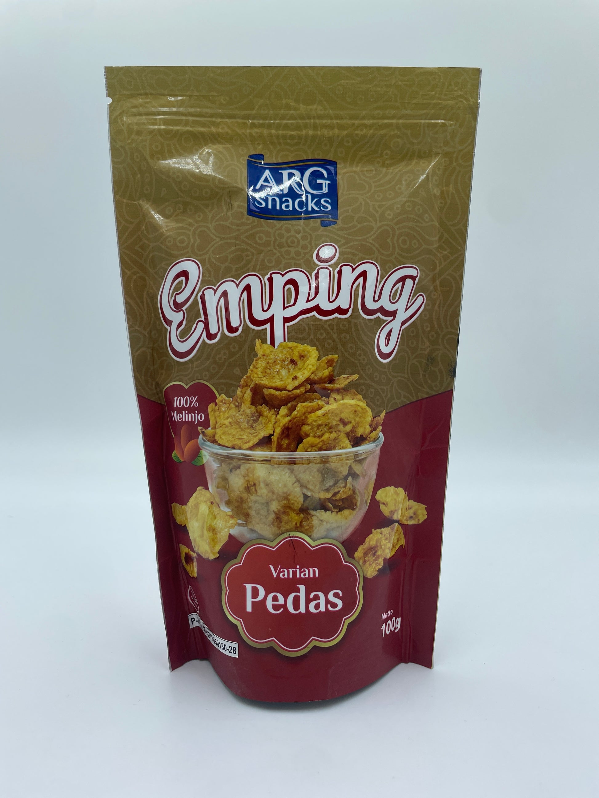 Krydret melinjo snack fra ARG SNACKS i pose, klar til at spise. Sprød og krydret snacks med melinjo.