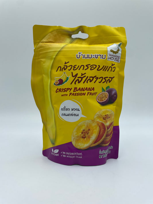 TAMARIND HOUSE sprød banan med passionsfrugt snack, skåret i tynde skiver og med sprød tekstur.
