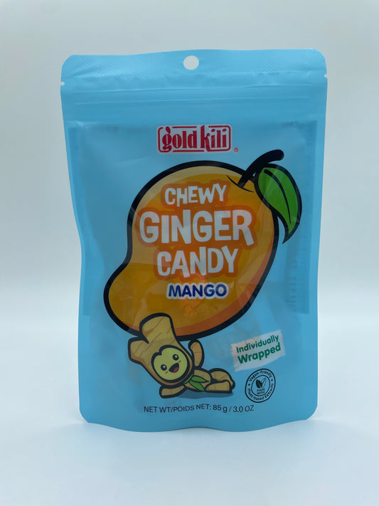 GOLD KILI chewy mango og ingefær slik i en åben pakke, frugtige og krydrede snacks med mango og ingefær smag.