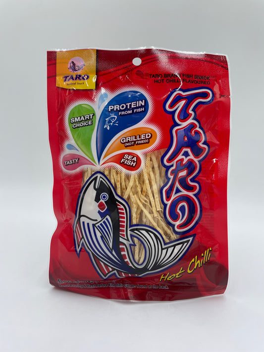 Taro Brand Fish Snack med hot chili smag, krydret snacks med sprød tekstur og spicy chili-ingredienser.