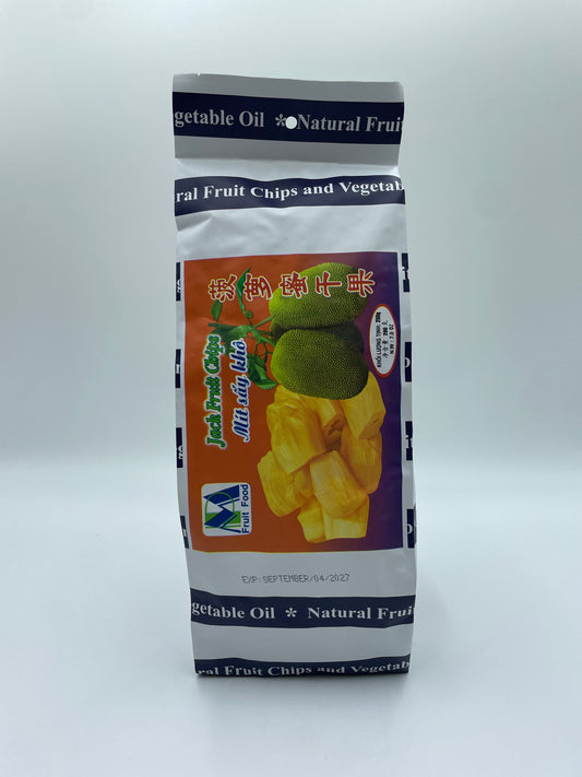 Sprøde jackfruit chips fra FRUIT FOOD, snacks lavet af tørret og ristet jackfruit i en gennemsigtig pose