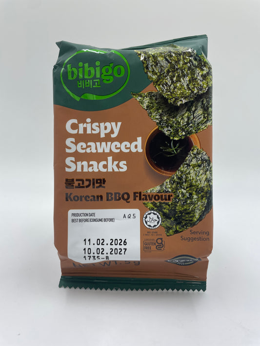 BIBIGO sprøde tang snacks med koreansk BBQ smag, vises i en pose på billedet