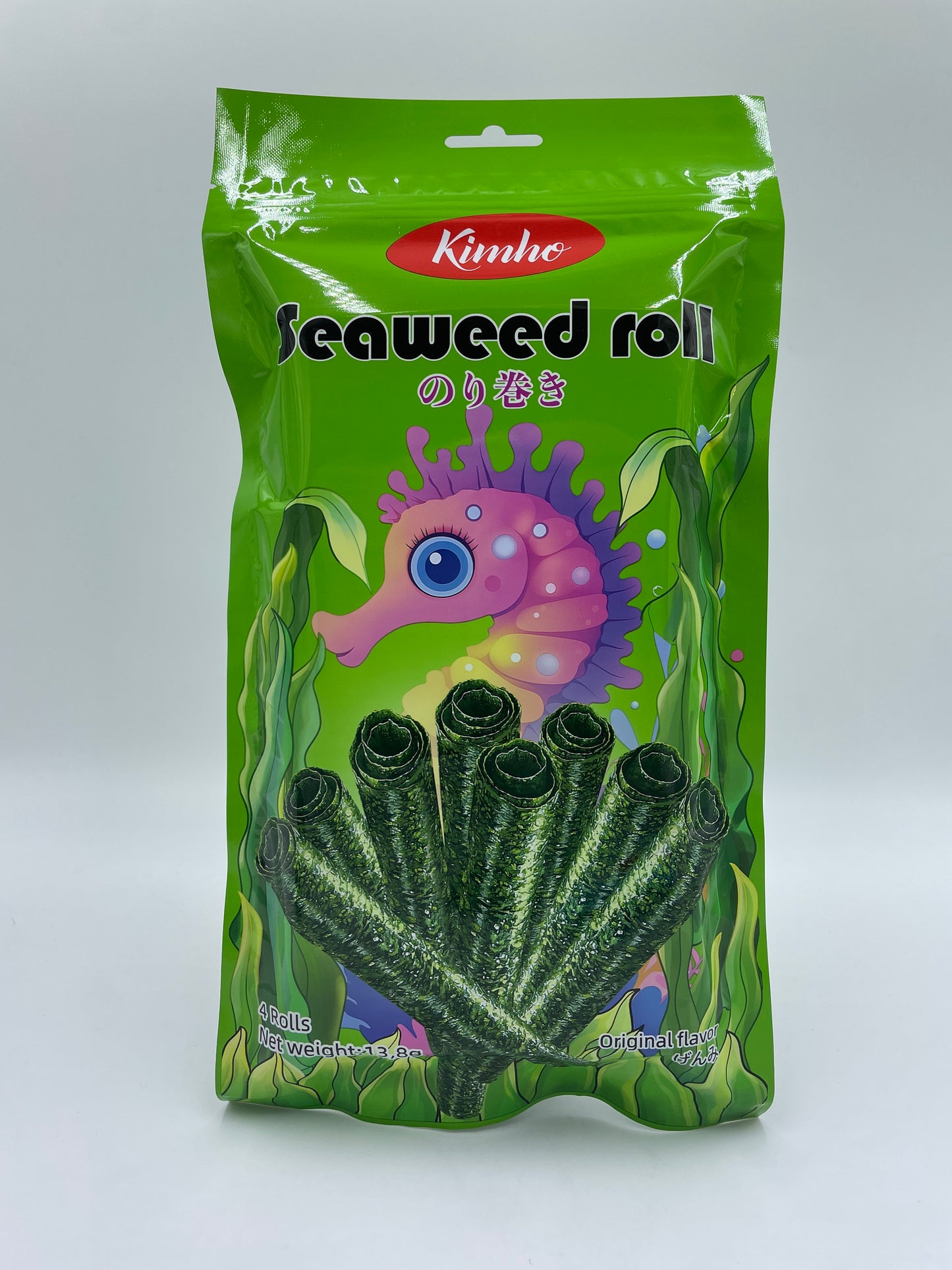 KIMHO tangy smagsgivende tangrulle snack, original flavor, nærbillede af sprød tangrulle pakket i folie
