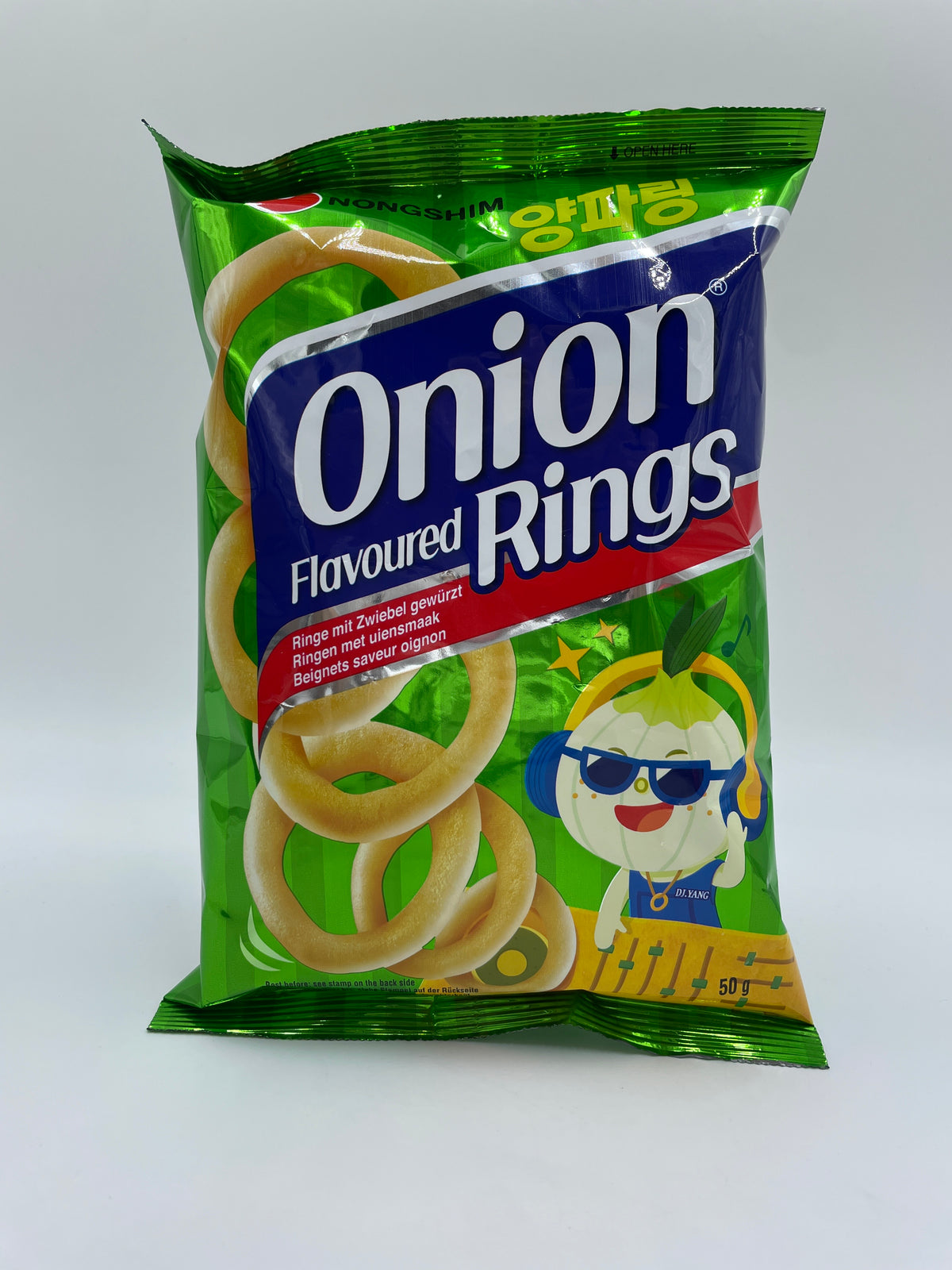 NONGSHIM løgring snacks, sprøde og velsmagende løgsmag, vist i billedet.