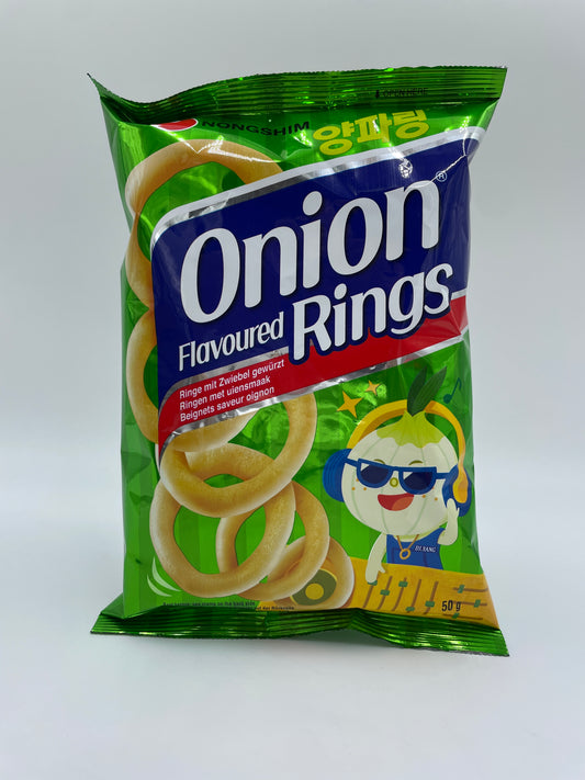 NONGSHIM løgring snacks, sprøde og velsmagende løgsmag, vist i billedet.