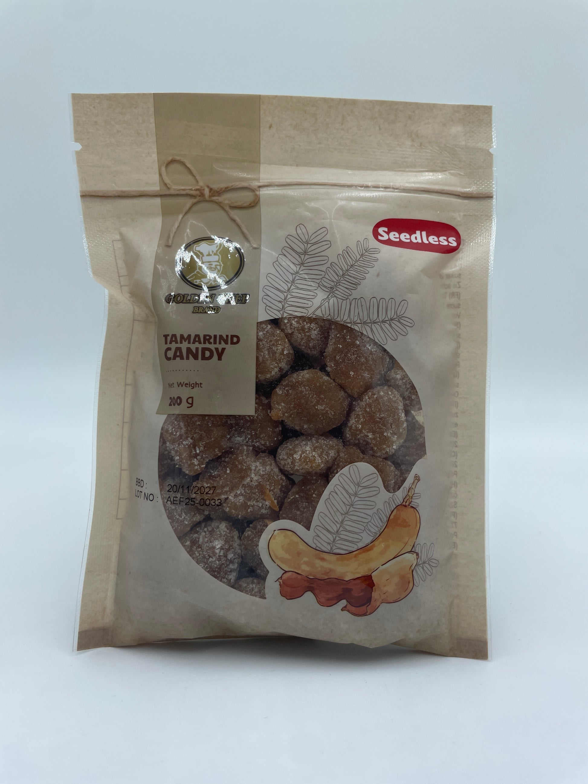 GULDEN CHEF tamarind slik i poser, frugtbaseret snacks med syrlig smag, synligt i en gennemsigtig emballage