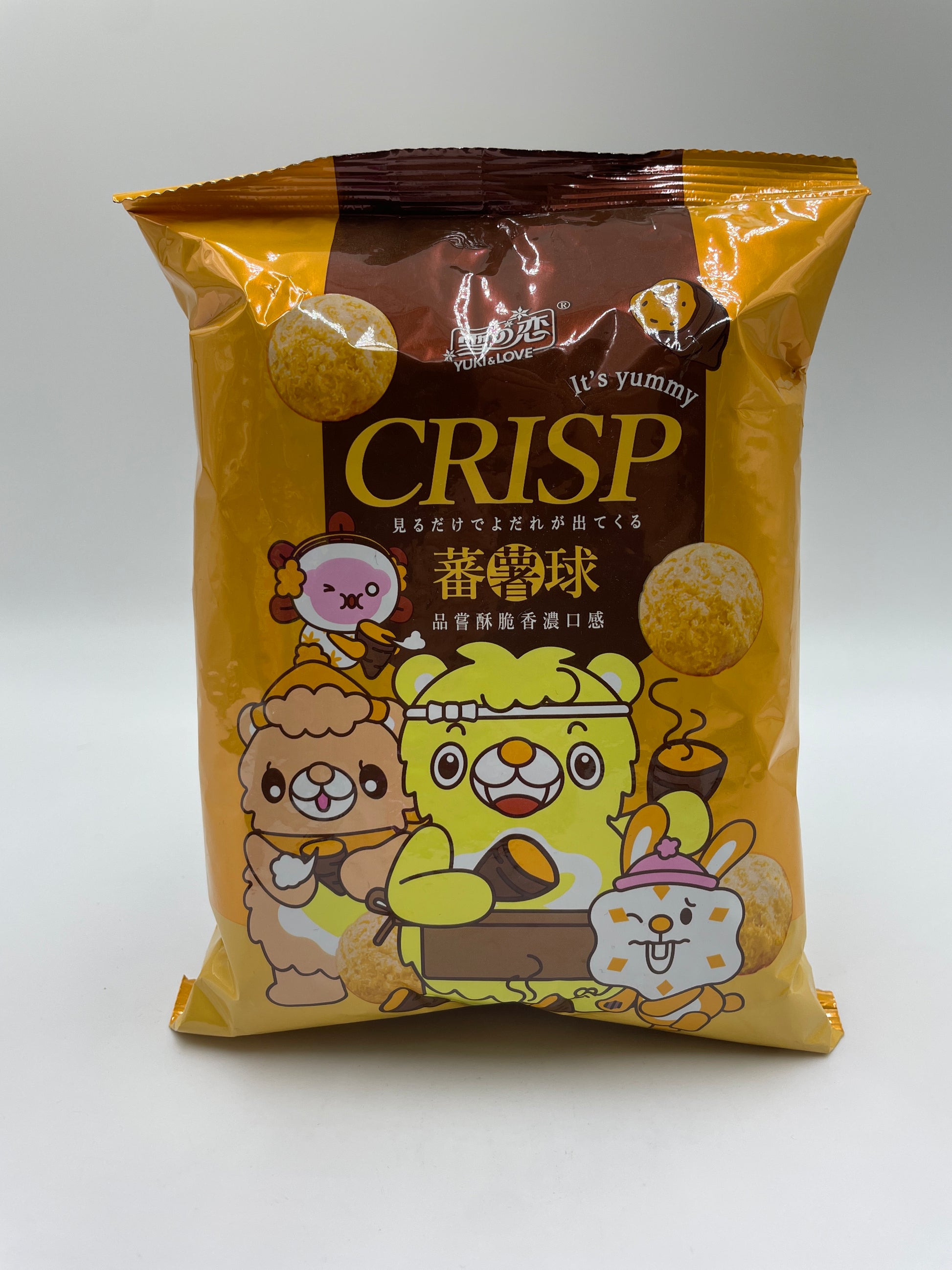 Korn- og sød kartoffelcracker fra YUKI & LOVE, sprøde snacks med naturlige ingredienser, vist i pakken.