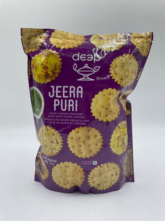 Crispy jeera puri fra DEEP, indiske snacks lavet med spidskommen og krydderier, vist som sprøde, gyldne crackers.