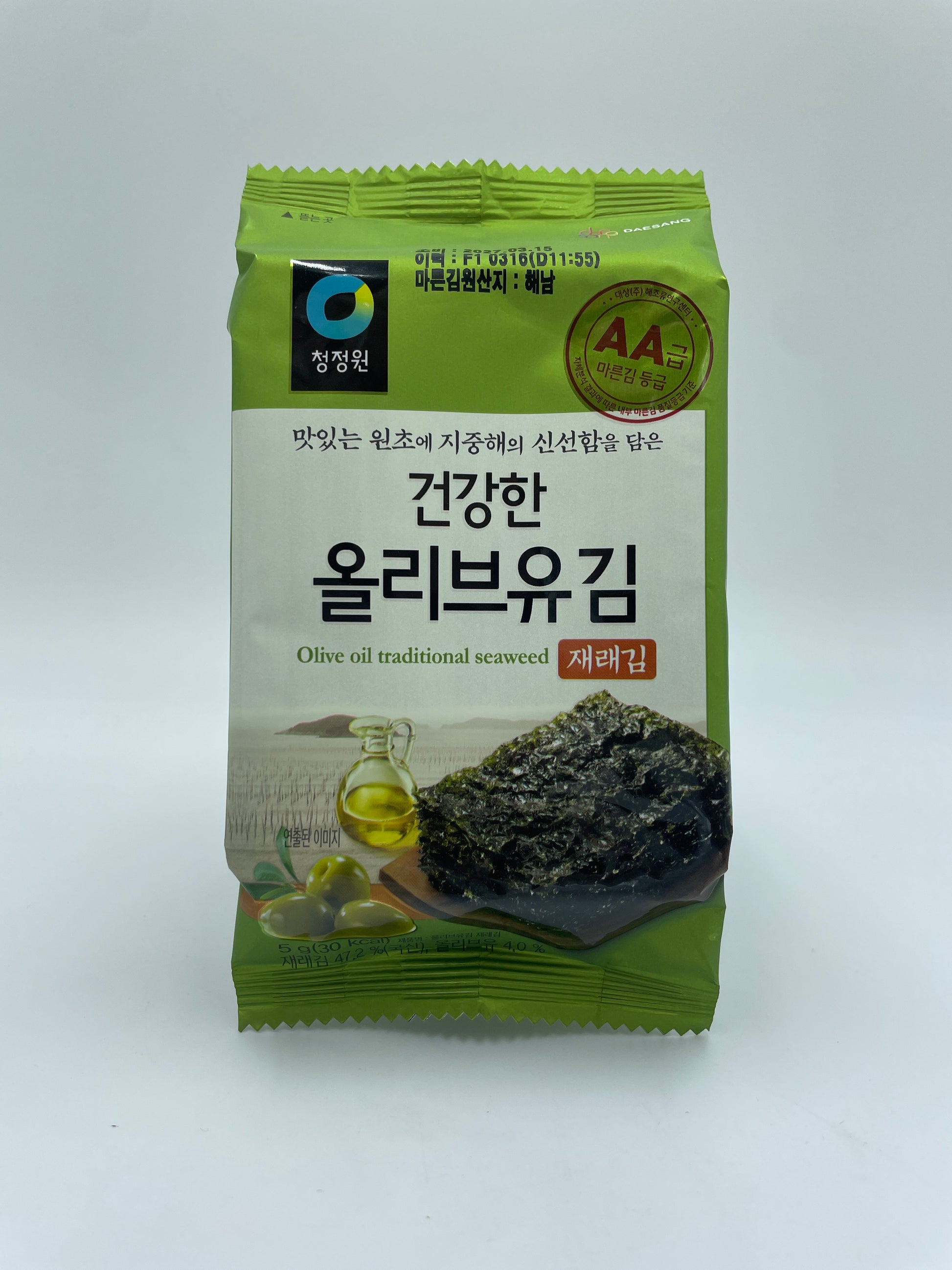 Traditionel tangsnack med olivenolie fra DAESANG, sprød og velsmagende tang med olivenolie, perfekt til sunde snacks.