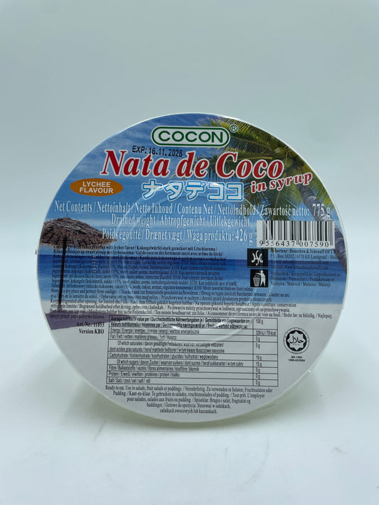 Cocnut Gel Dices i tyk sirup med lychee smag, COCON snacks, frugtige kokos- og lychee-bidder i gennemsigtig skål