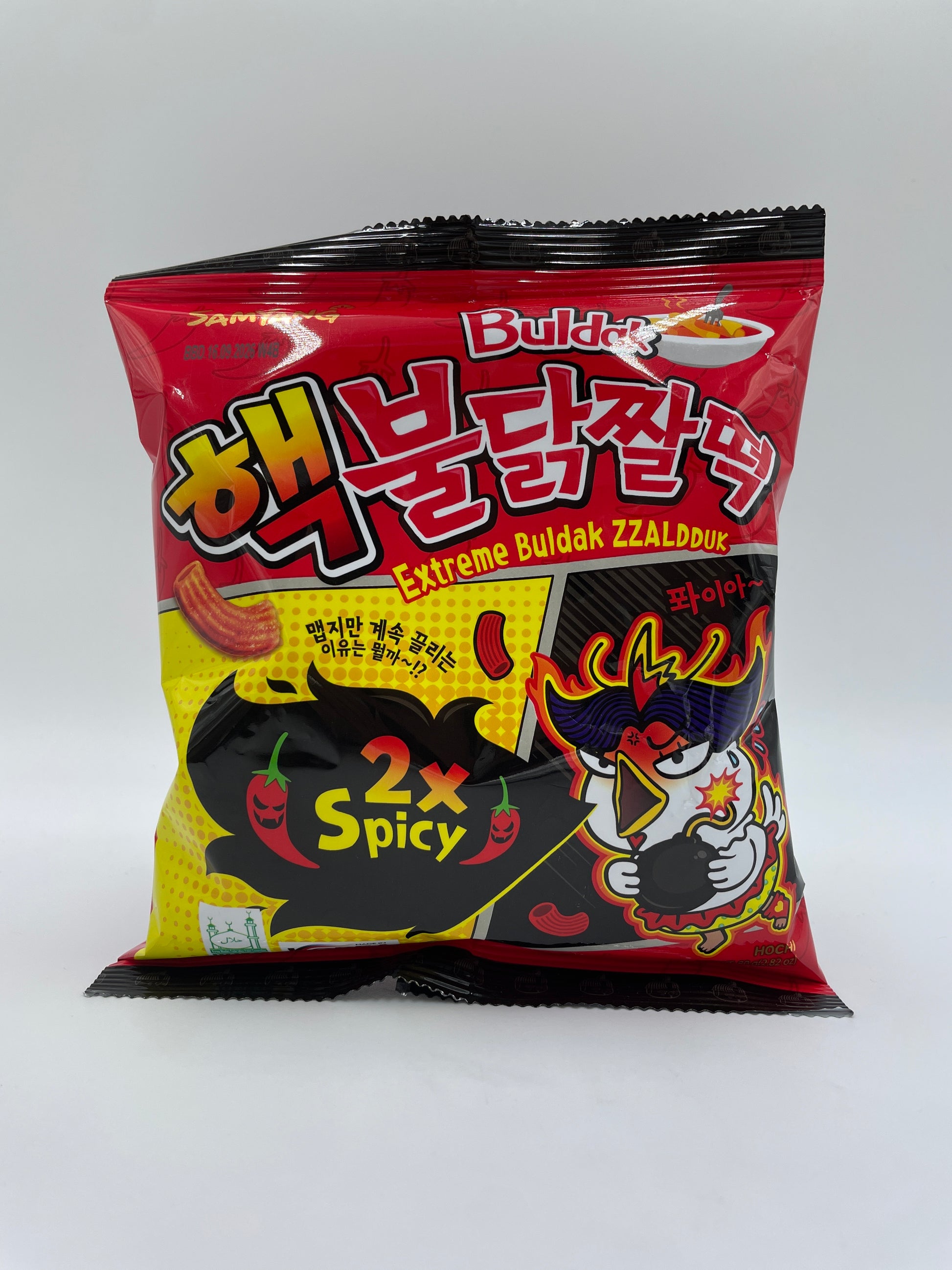 Krydret snack fra SAMYANG, Extreme Buldak Zzaldduk 2x med spicy smag, vist i emballagen.
