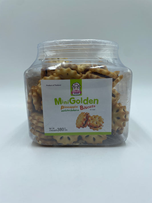 DOLLY’S Mini Golden Pineapple Biscuits snacks, små gyldne kiks med ananas smag, pakket i en gennemsigtig pose