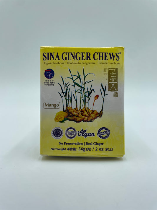 SINA Mango Ginger Candy snacks i pose med mango- og ingefærstykker, klar til at spise.