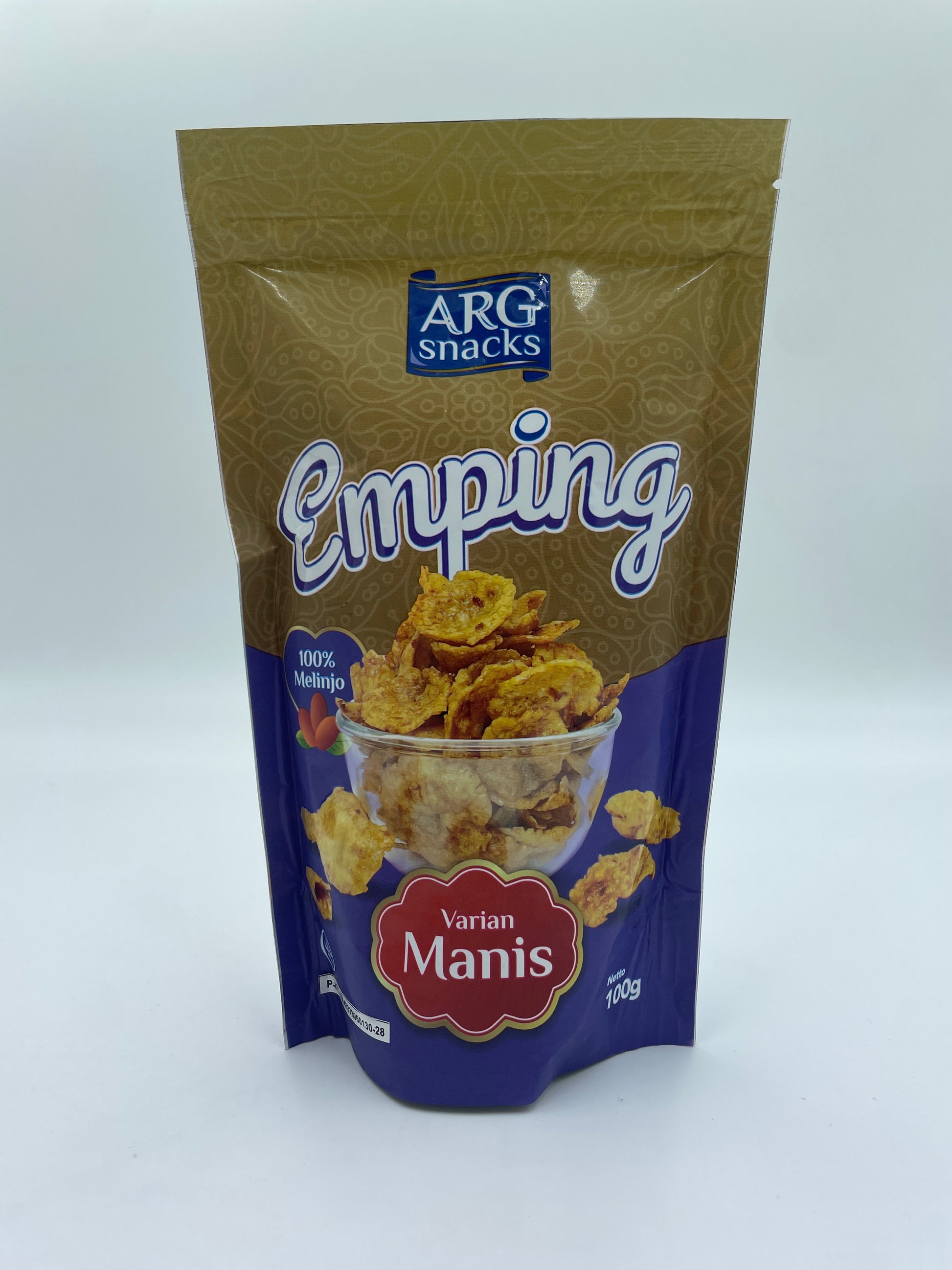 Melinjo-slik fra ARG SNACKS, sprød snacks med melinjo nødder, vist i en gennemsigtig pose.