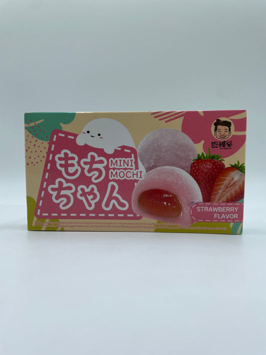 Mini Mochi snack med jordbærsmag fra SZU SHEN PO viser farverige, bløde mochiboller med frisk jordbærsmag.
