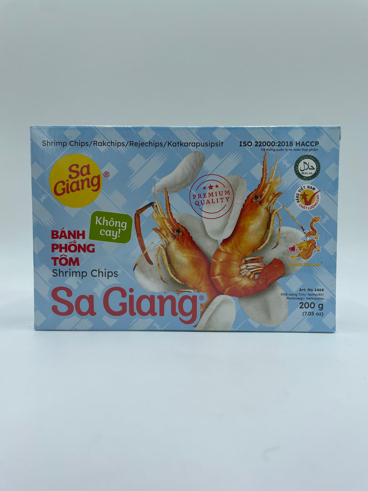 Sprødt rejechips fra SA GIANG, rå skaldyrsneks, perfekt til snacks, vist i pose med lyse rejechips.