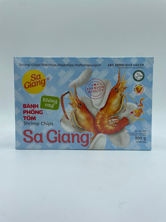 Sprødt rejechips fra SA GIANG, rå skaldyrsneks, perfekt til snacks, vist i pose med lyse rejechips.
