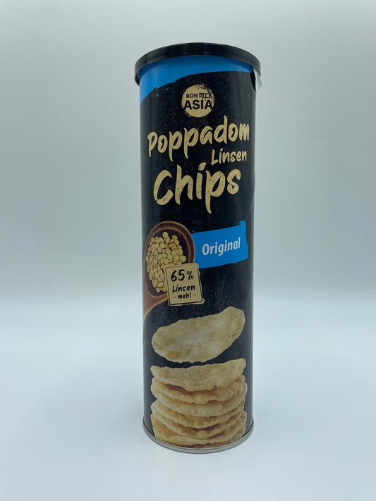 Bønne-linsechips fra BON ASIA Poppadom Linsen Chips Original, sprøde snacks i en gennemsigtig pose