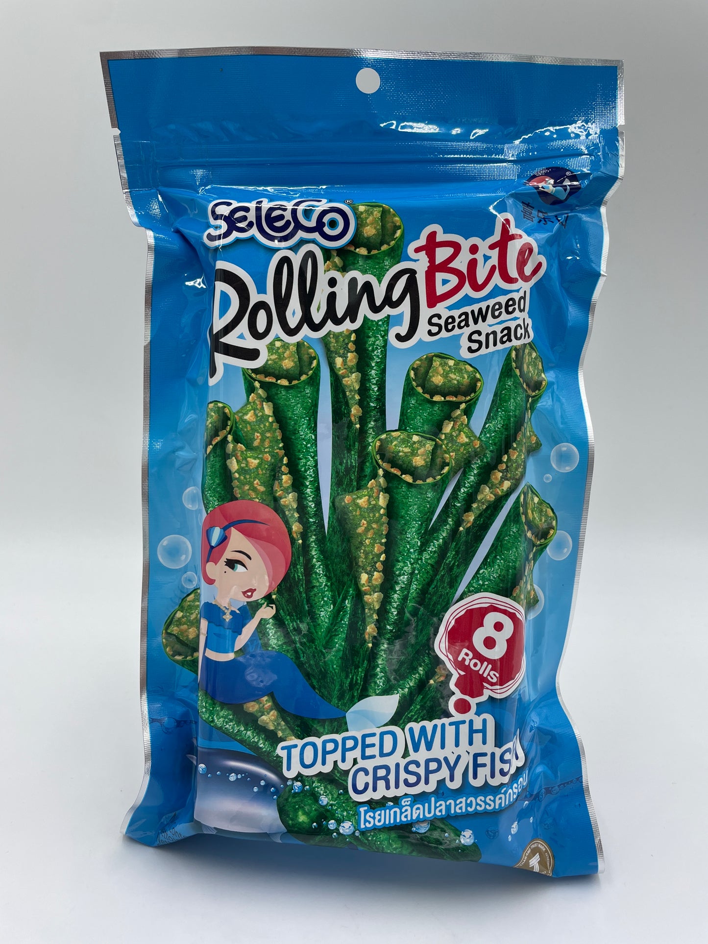 Sprøde SELECO Rolling Bite snacks med rullet, stegt tang toppet med sprødt fisk, perfekt som snack.