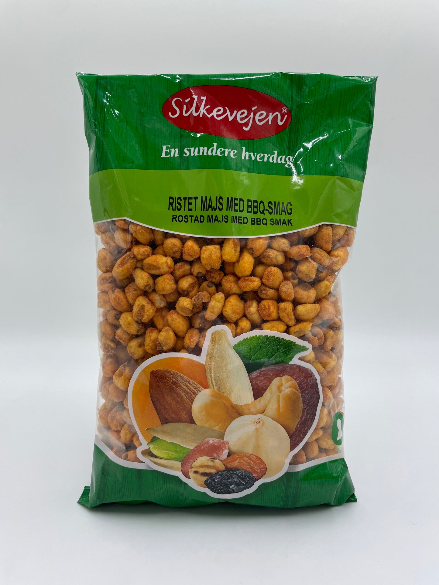 Ristet majs med BBQ-smag fra SILKEVEJEN, sprød snack med krydret og smoky smag, viser en skål med ristet majs.