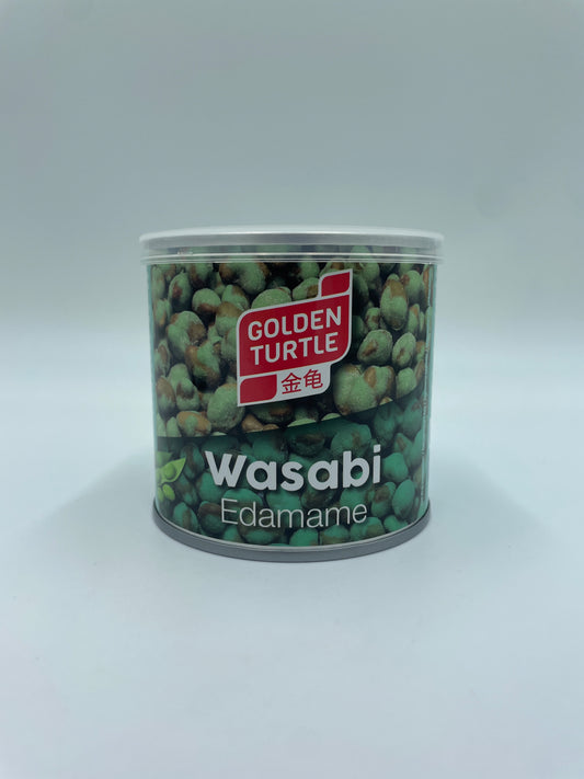 GOLDEN TURTLE Wasabi Edamame snacks i en skål, med grønne edamame bønner dækket af wasabi krydderi.