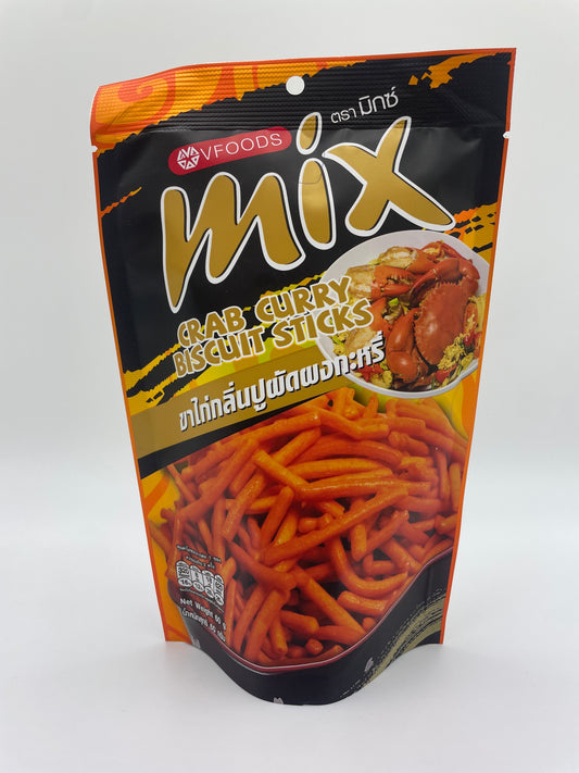 VFOODS krabbekarry snacks sticks med sprød tekstur og krydret smag, perfekt til snacktid.