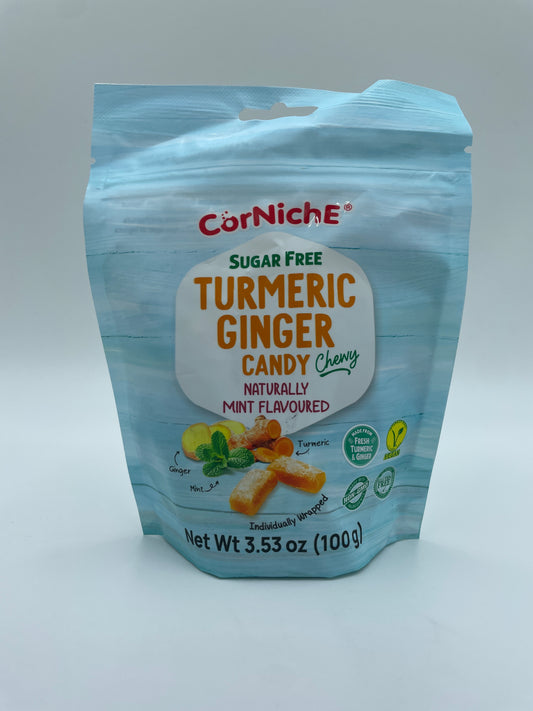 Sukkefri gurkemeje ingefær slik fra CORNICHE, naturligt myntearoma, sund snack med krydret smag, pakket i poser.