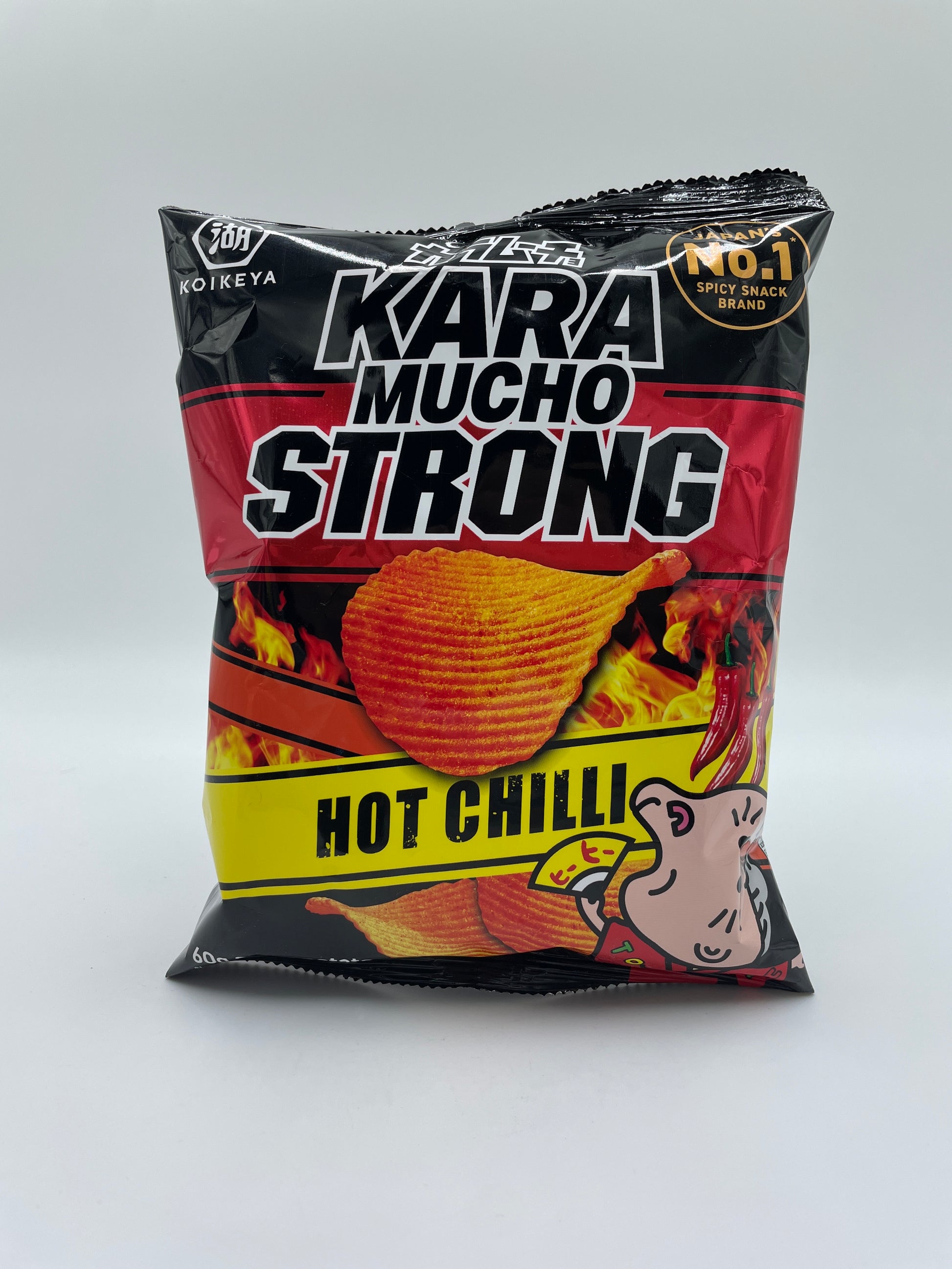 KoiKeya Hot Chilli spicy kartoffelchips, snacks i pose med krydrede, røgede chili-smag og sprød tekstur.