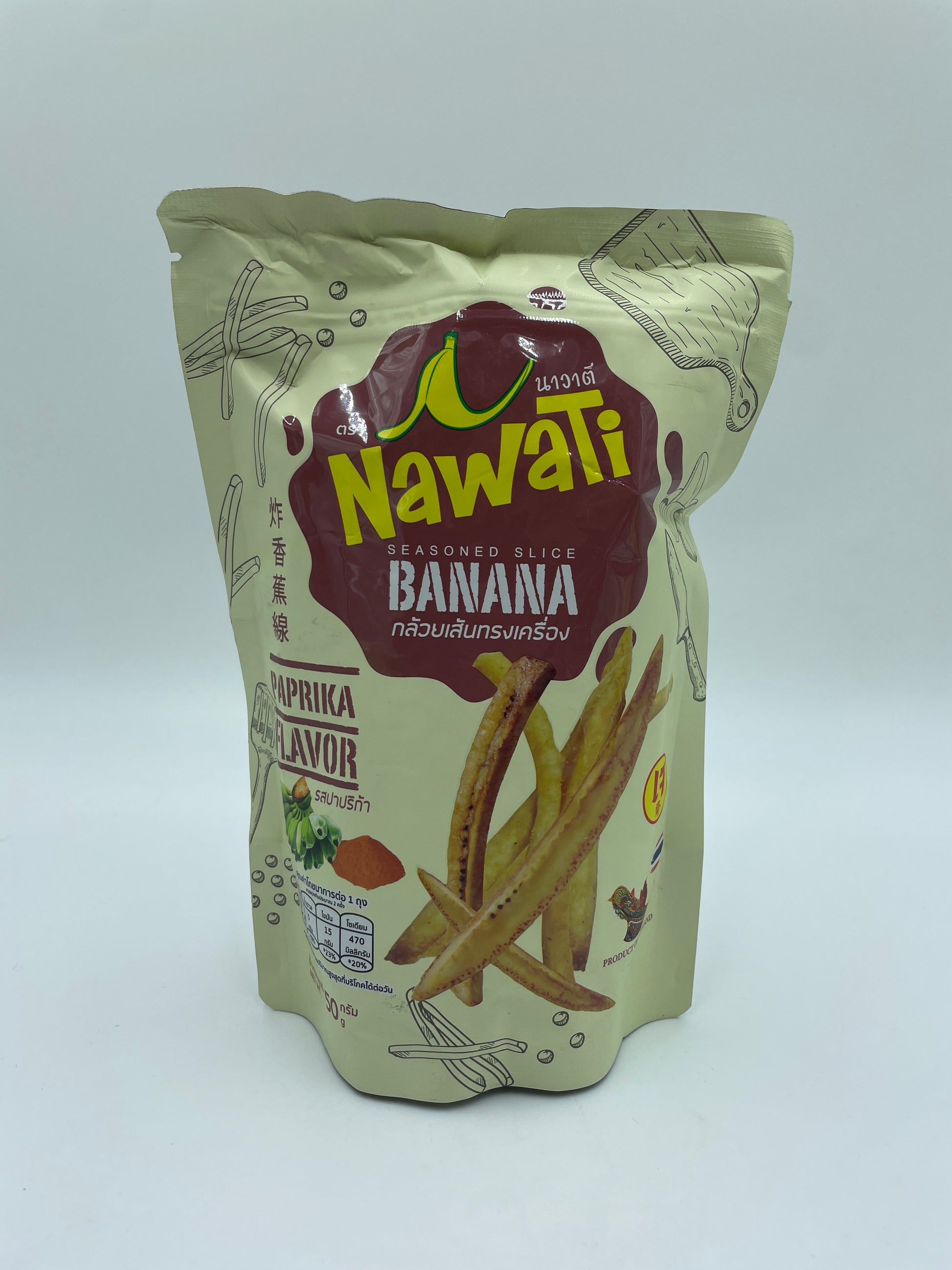Smagsatte snack med bananskiver krydret med paprika fra NAWATI, vises i billedet.