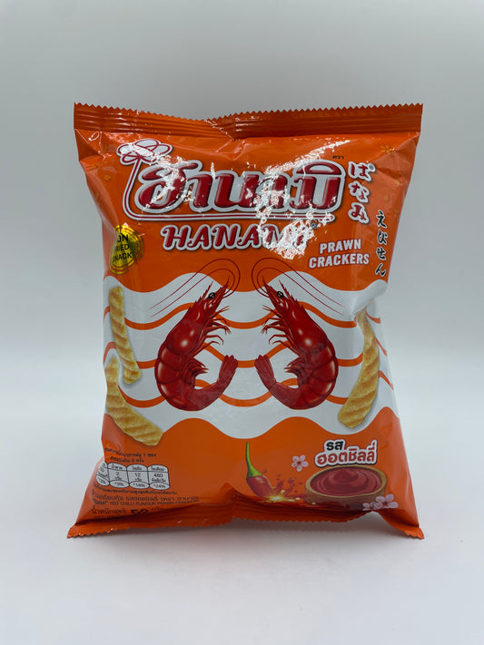 Krydret HANAMI reje chips med hot chili smag, sprøde snacks i poser, tæt op ad reje crackers med chili.
