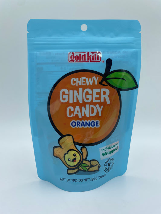 GULD KILI chewy orange ginger godbidder, snacks med frisk ingefær og orange smag, i en attraktiv emballage, klar til nydelse.